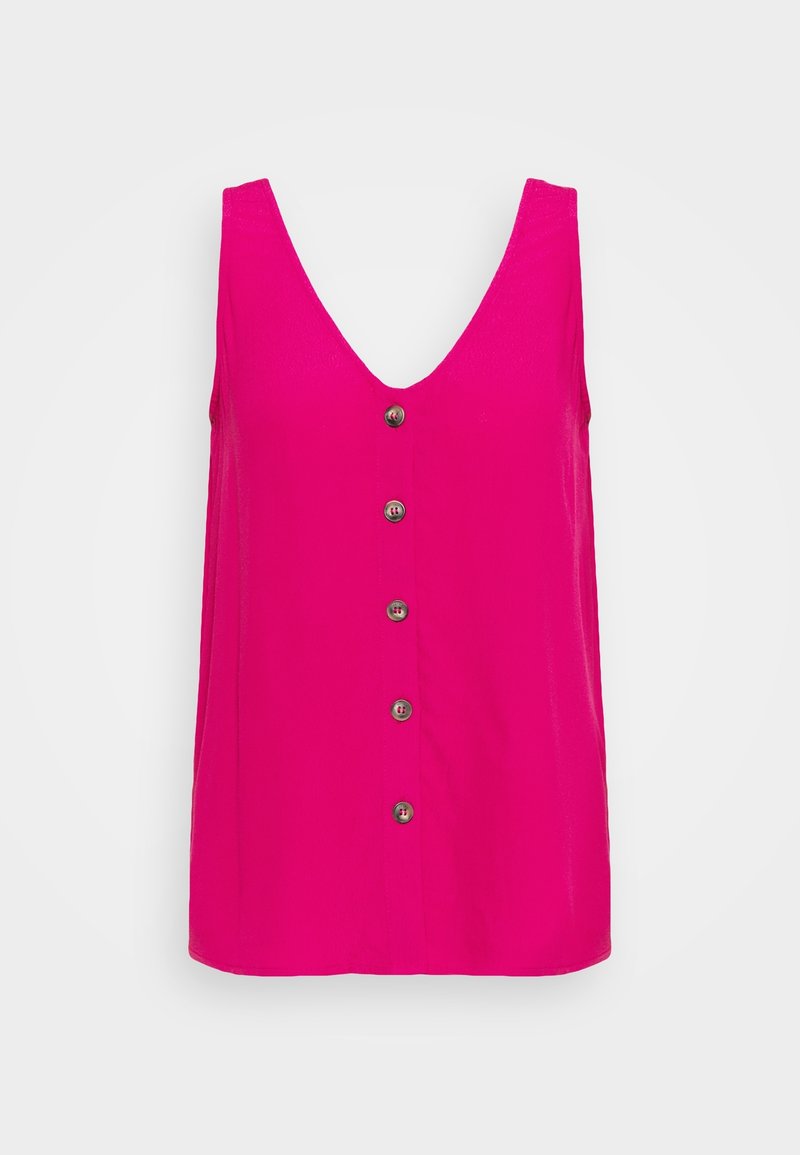 Blouse rose vif sans manches avec un profond col en V et une rangée avant de cinq boutons ronds sur fond blanc.