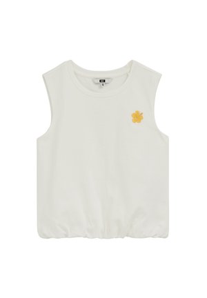 Biely krátky top bez rukávov s okrúhlym výstrihom a malou žlto-oranžovou kvetinovou výšivkou na ľavej strane hrude.
