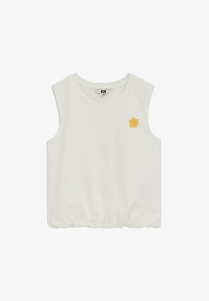 Biały krótki top bez rękawów z okrągłym dekoltem i małym żółto-pomarańczowym haftem kwiatowym na lewej piersi.