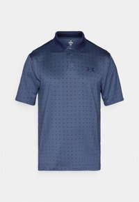 Polo bleu marine à manches courtes, texture douce et motif discret à pois. Dispose d'un col classique et d'une patte de boutonnage à trois boutons.