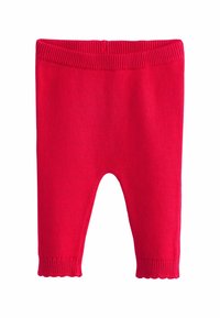 Helle rote gestrickte Babyleggins mit geripptem Bund und gewellten Säumen auf weißem Hintergrund.