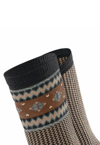 Stricksocken mit einem Hahnentrittmuster in Beige, Braun und Blau, ausgestattet mit einem Kontrastband mit Motiven am Schaft. Strukturierte Stoffoberfläche.