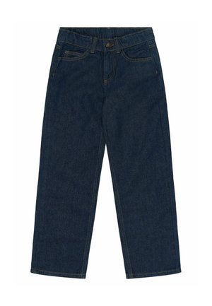 Jean en denim bleu foncé à jambes droites avec bouton devant, fermeture éclair, passants de ceinture et poches sur fond blanc.