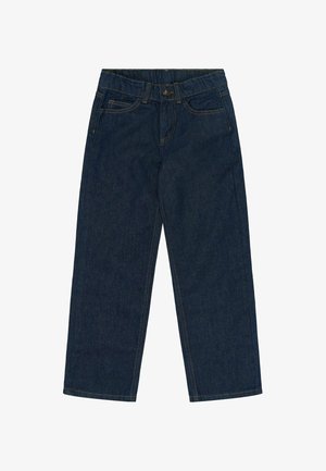 Mørkeblå straight-leg jeans med forreste knap, lynlås, bæltestropper og lommer på en hvid baggrund.