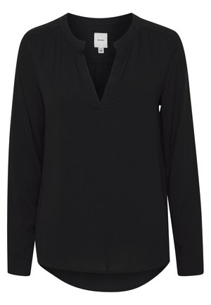 Fekete, hosszú ujjú blúz V-kivágással, puha anyagból készült, vállain redőzéssel, ívelt heméllyel és laza szabással.