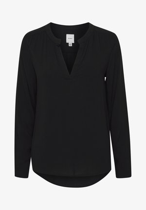 Bluză neagră cu mâneci lungi, decolteu în V, dintr-un material moale, cu detalii plisate la umeri, cu un hem curbat și o croială lejeră.