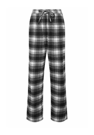 Pantalones de pijama a cuadros en blanco y negro con cintura elástica y cierre con cordón delantero, corte recto.