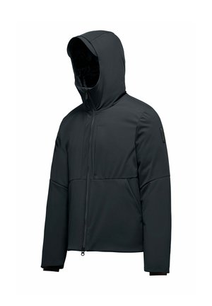 Giacca imbottita nera in materiale sintetico, dotata di cappuccio, chiusura con zip e un design elegante con una tasca sul petto ben visibile.