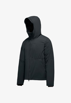 Giacca imbottita nera in materiale sintetico, dotata di cappuccio, chiusura con zip e un design elegante con una tasca sul petto ben visibile.