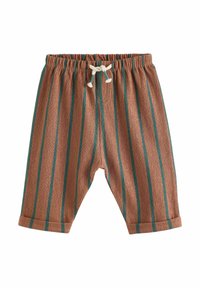Brown striped pants with teal vertical lines, gathered elastic waistband, and a drawstring tie. Fabric has a textured finish.