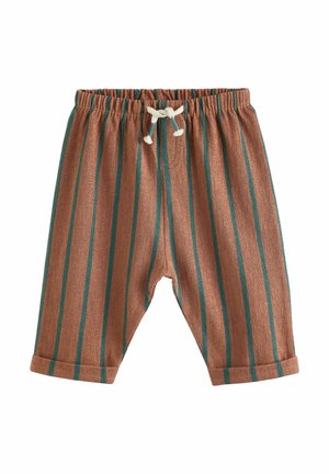 Bruine gestreepte broek met teal verticale lijnen, verzamelde elastische tailleband en een koordtouw. De stof heeft een gestructureerde afwerking.