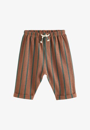 Pantalons rayés marron avec des lignes verticales teal, taille élastique froncée et cordon de serrage. Le tissu a une finition texturée.