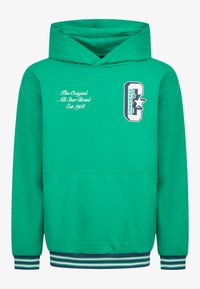 Felpa verde realizzata in tessuto morbido, con tasca a marsupio, polsini a coste, orlo a righe e dettagli grafici del logo del marchio.
