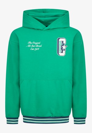 Felpa verde realizzata in tessuto morbido, con tasca a marsupio, polsini a coste, orlo a righe e dettagli grafici del logo del marchio.