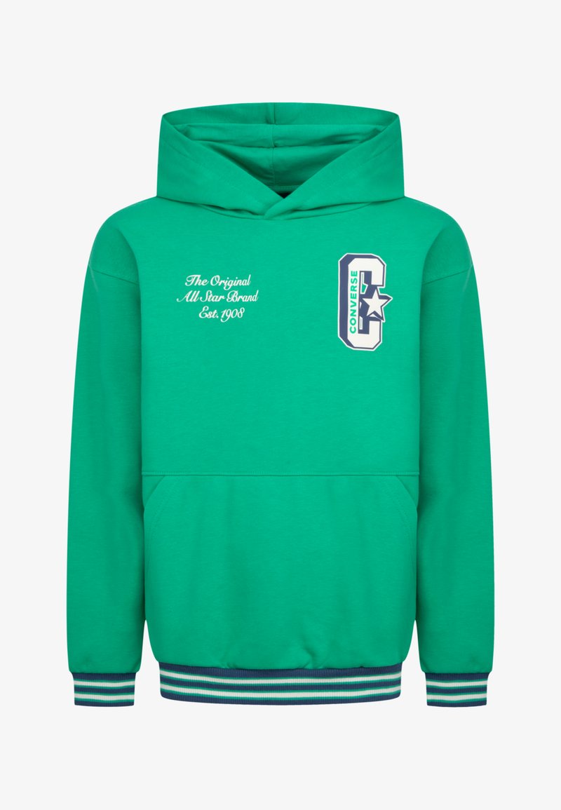 Felpa verde realizzata in tessuto morbido, con tasca a marsupio, polsini a coste, orlo a righe e dettagli grafici del logo del marchio.