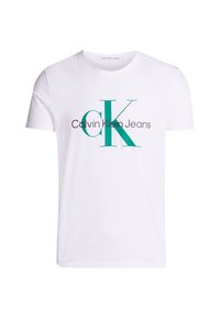 White cotton t-shirt featuring a large teal "CK" logo and "Calvin Klein Jeans" text in burgundy. Crew neckline and short sleeves.