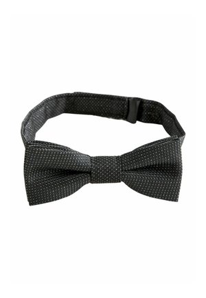 Black bow tie with a textured fabric featuring small white dots, adjustable strap, symmetrical shape, and smooth finish.
