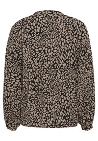 Blusa a maniche lunghe con un motivo astratto nero e beige, con maniche arricciate e scollatura rotonda. Realizzata in tessuto leggero.