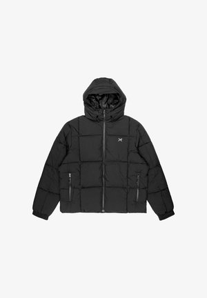 Giacca nera imbottita con cappuccio, dotata di zip frontale, due tasche laterali con zip e tessuto texture trapuntato.