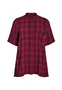 Rood en zwart geruit shirt met korte mouwen en een staande kraag, gemaakt van geweven stof; heeft een losse pasvorm en opgerolde mouwen.
