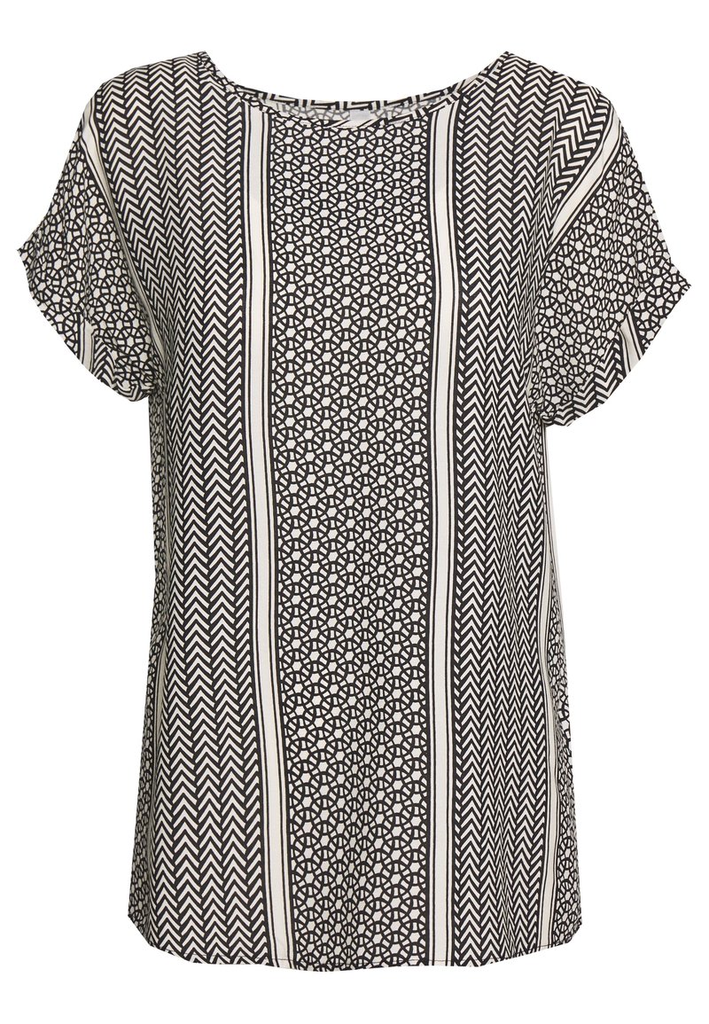 Top corto a maniche corte bianco e nero con motivi geometrici, caratterizzato da una vestibilità comoda, scollo rotondo e materiale testurizzato.