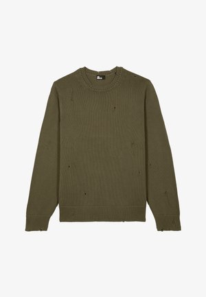 Olivengrüner Strickpullover mit Rippstruktur, Rundhalsausschnitt und sichtbaren Löchern. Mit langen Ärmeln und einfarbigem Design.