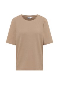 Tričko s krátkým rukávem, kulatým výstřihem v světlé béžové barvě, vyrobené z měkké látky s hladkou strukturou a minimalistickým designem.