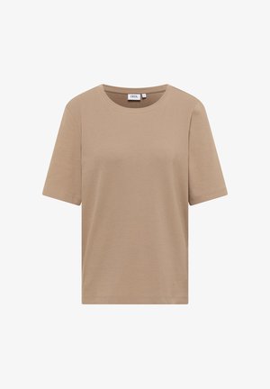 Kurzärmeliges T-Shirt mit rundem Hals in hellbeige, aus weichem Stoff mit glatter Textur und minimalistischem Design.