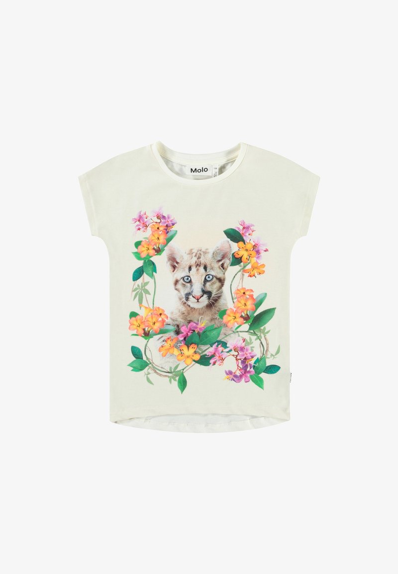 T-shirt de manga curta em creme com uma ilustração detalhada de um gatinho rodeado por ilustrações florais coloridas.