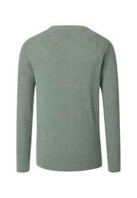 Langärmeliger Strickpullover in einem gedämpften Grünton, mit einer strukturierten Oberfläche sowie gerippten Bündchen und Saum. Schlichte Rundhalsausschnitt.