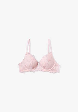 Light pink underwire bra with floral embroidery, scalloped edges, adjustable straps, and a smooth texture. No padding visible.