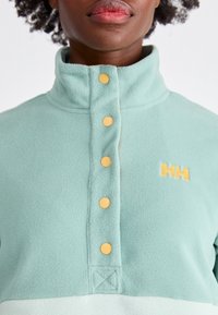 Personne portant un pull polaire vert clair avec des boutons jaunes et un logo HH sur la poitrine, montrée du menton au haut du torse.