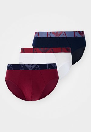 Trois paires de sous-vêtements féminins en bordeaux, blanc et marine, dotées d'une ceinture élastique à logo. Tissu doux, design offrant une couverture complète.