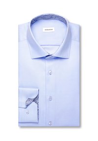 Chemise bleu clair avec un col et des poignets intérieurs à motif cachemire. Dotée d'un col pointu, d'une patte de boutonnage complète et d'une poche poitrine unique.