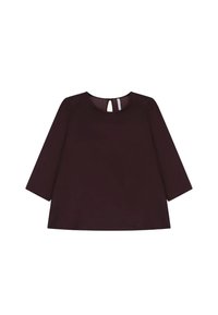 Maglietta a maniche lunghe color borgogna scuro con scollatura rotonda e dettaglio a chiave sul retro. Texture morbida con una vestibilità rilassata e ampia.