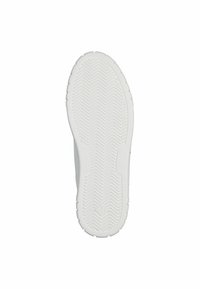 Semelle de chaussure blanche avec surface en caoutchouc texturé, présentant un motif en chevron. Marquée de la taille "37" dans un détail circulaire.