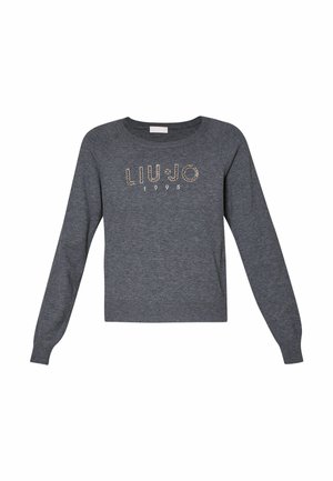 Maglione grigio con maniche lunghe, collo e orlo a coste, che presenta la scritta "LIU•JO 1995" in caratteri decorativi con borchie sul davanti.