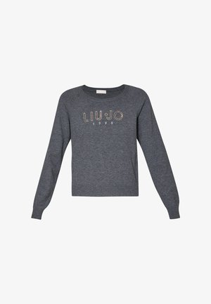 Maglione grigio con maniche lunghe, collo e orlo a coste, che presenta la scritta "LIU•JO 1995" in caratteri decorativi con borchie sul davanti.
