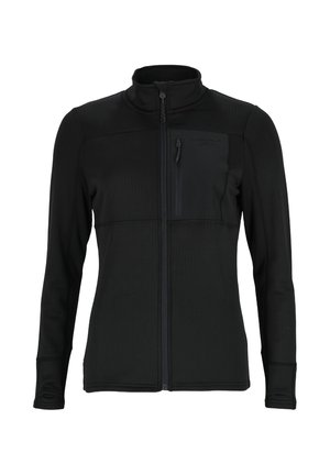Black fleece jacket with a high collar, full zip front, and zipper pocket on the chest. Features a textured fabric and fitted design.