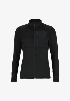 Veste polaire noire avec un col haut, fermeture éclair sur le devant et poche zippée sur la poitrine. Présente un tissu texturé et une coupe ajustée.