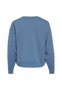 Blå sweatshirt med rund hals, sänkta axlar och ribbade muddar samt nederkant. Slät tygstruktur, cropped silhuett, minimalistisk design.