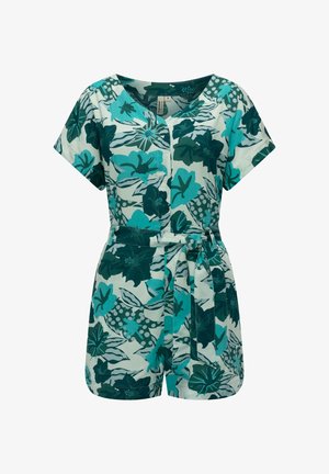 Blommig jumpsuit i nyanser av teal och grönt, tillverkad av lättviktigt tyg. Har korta ärmar, V-ringning och en knyten midja.