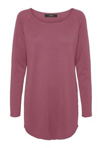 Pitkähihainen paita hillityn ruusunsävyisenä, pehmeästä kankaasta, pyöreällä kaula-aukolla ja kaarevalla helmalla rentoa istuvuutta varten. Ei kuvioita tai varusteita.