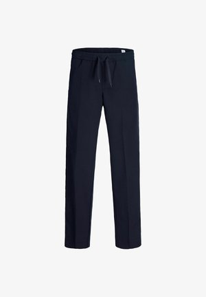 Pantalon décontracté bleu marine foncé avec taille élastique et cordon de serrage, coupe droite, présenté sur un fond blanc uni.