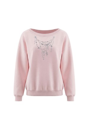 Lyserød sweatshirt med lange ærmer og sølvkæde og sløjfedesign hen over brystet, med stjerne- og hjertevedhæng.