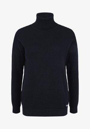 Pull noir à col montant avec un motif tricoté en nid d'abeille texturé, col et poignets côtelés, et fentes latérales pour faciliter les mouvements.