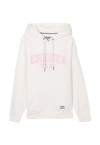 Sudadera blanca con capucha y el texto rosa "CREEKS ORIGINAL Desde 1975", bolsillo delantero y puños acanalados. Textura suave, diseño casual.