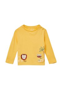 Gelbes Langarmshirt aus weichem Stoff, mit gestickten Löwen- und Tigerdesigns sowie Blattakzenten auf der unteren Vorderseite.