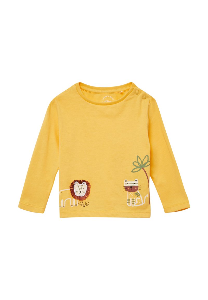 Gelbes Langarmshirt aus weichem Stoff, mit gestickten Löwen- und Tigerdesigns sowie Blattakzenten auf der unteren Vorderseite.