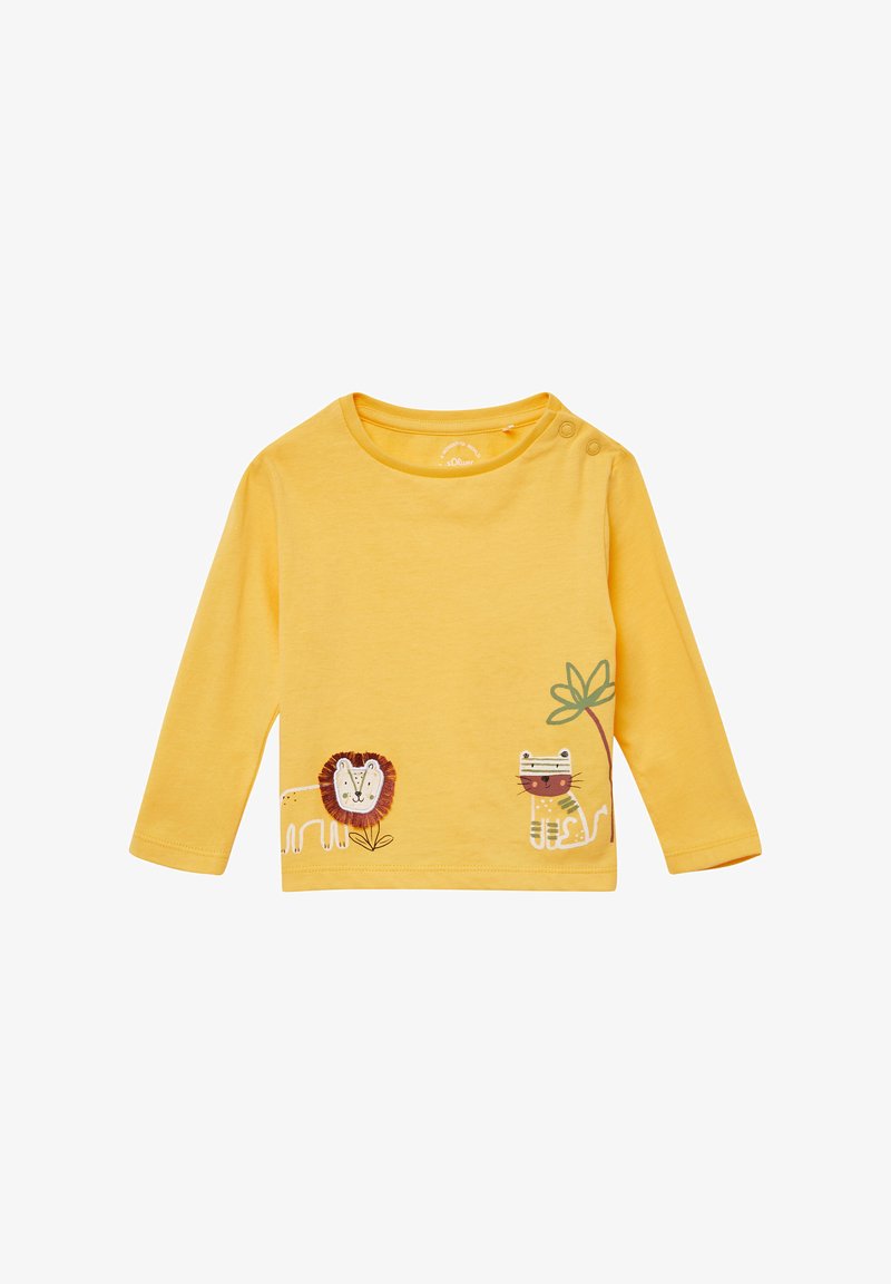 Gelbes Langarmshirt aus weichem Stoff, mit gestickten Löwen- und Tigerdesigns sowie Blattakzenten auf der unteren Vorderseite.